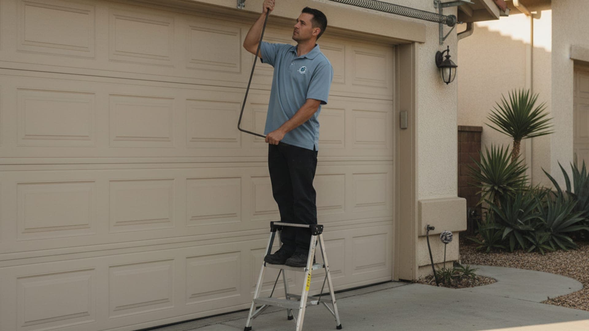 Garage door technician in a powder blue-gray polo shirt adjusting a torsion spring above a steel sectional garage door in warm afternoon light